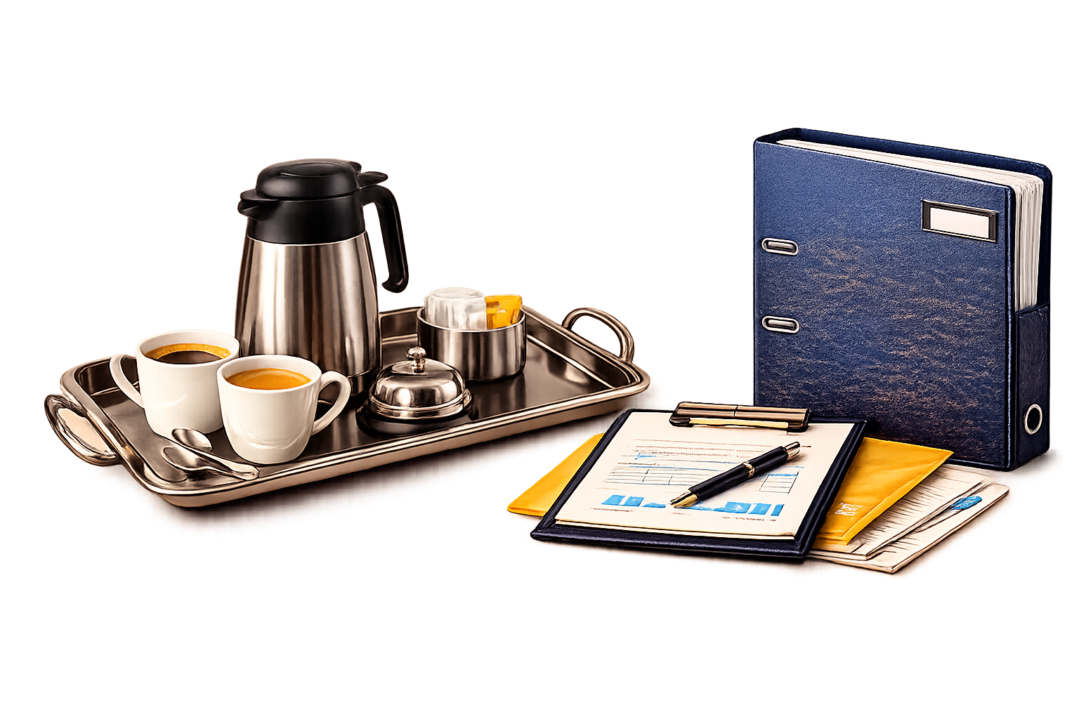 Office service set with documents and tools