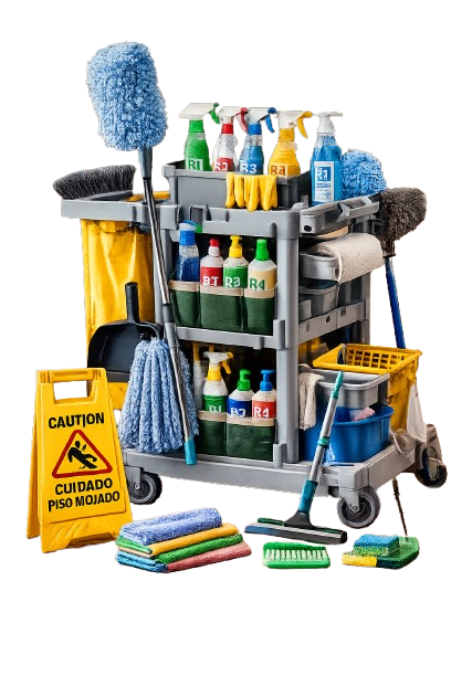 Housekeeping cart with cleaning supplies
