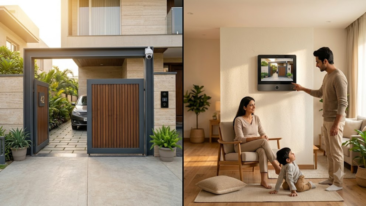 A home using both CCTV cameras outside and a video door phone inside for complete security