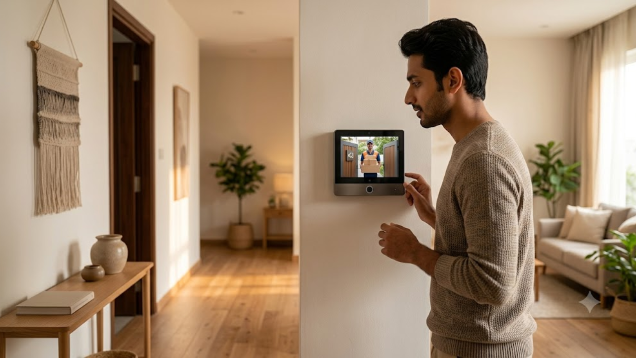 A resident checking a visitor on a video door phone screen before opening the door