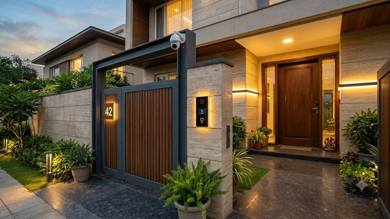 CCTV camera and video door phone at the entrance of a modern Indian home